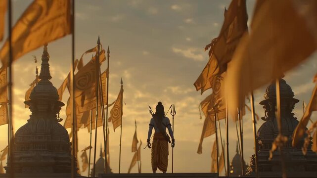 Silhouette of Lord Rama with Bow and Arrow Standing Amidst Yellow Flags at Sunset  Celebrating Ram Navami with Devotion and Tradition