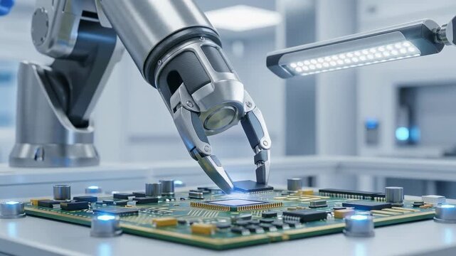 Close up of robotic arm assembling microchip on circuit board in modern technology lab