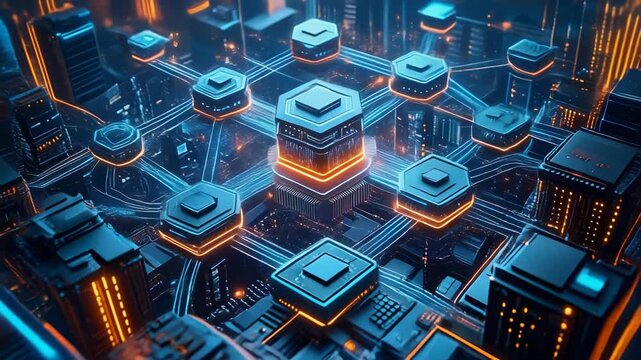 Futuristic blockchain network with glowing digital nodes and cyber technology connections