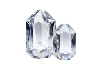 Obraz premium Two faceted gems, translucent and clear, sit side by side against a black background. One is slightly larger than the other. Sharp facets and reflective surfaces
