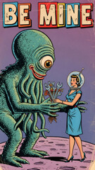 Obraz premium Alien monster giving a unique bouquet of wrenches and dried flowers to a woman in a spacesuit. Retro pop art for Valentines Day.