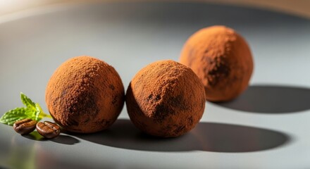 Gourmet Chocolate Truffles with Cocoa Powder and Mint Leaf
