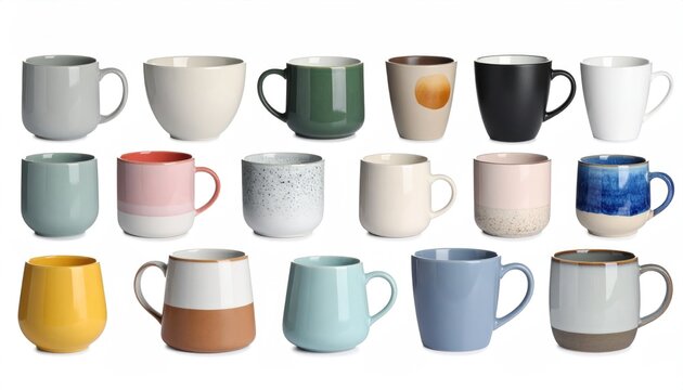  Set of ceramic cups and mugs with different shapes, colors, isolated on white 