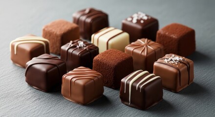 Assortment of Gourmet Chocolate Pralines with Various Toppings and Drizzles