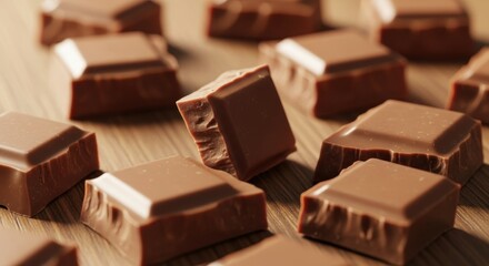 Delicious Chocolate Pieces Scattered on a Wooden Surface