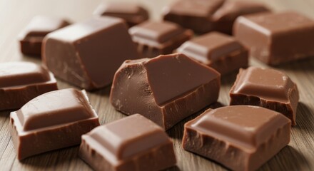 Delicious Milk Chocolate Pieces Scattered on a Wooden Surface