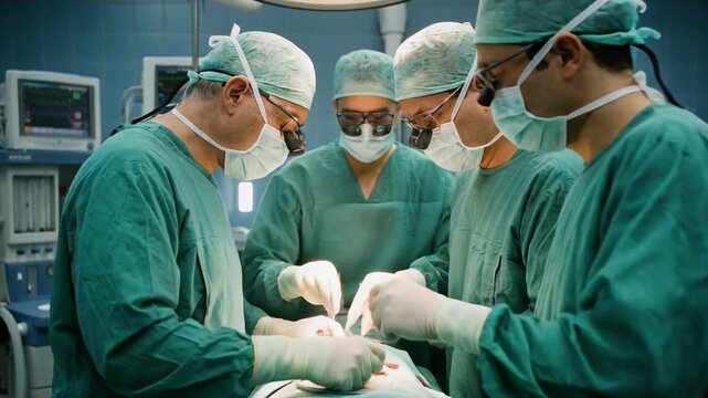 Team of surgeons performing complex operation in modern hospital operating room