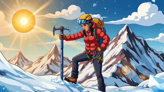 Smiling female climber with ice axe on sunny snowy mountain