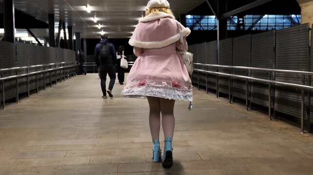 Young woman walking in lolita fashion on urban walkway at night