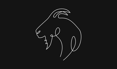 Minimalist Continuous Line Art Drawing of Goat Head Profile with Horns and Beard on Black Background