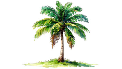 Obraz premium Watercolor rendering of a tropical palm tree with lush green fronds on black backdrop