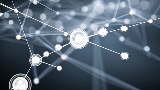 Network connections form around a central glowing node on a dark background with lines.