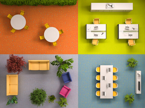 Modern interior room layouts with furniture in colorful top view
