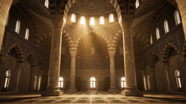 Sunlight streams through the arches and columns of a grand historic building interior scene