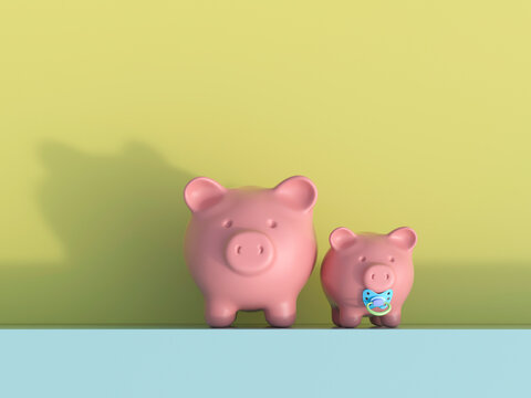 Piggy banks with pacifier symbolizing saving stability and care