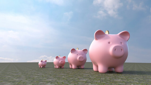 Row of piggy banks symbolizing financial growth and stability outdoors