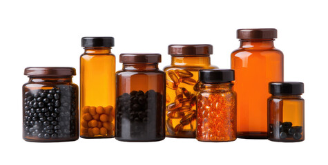 Several amber glass bottles filled with various pills, capsules, and granules