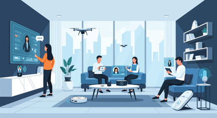 Smart Home Technology and Futuristic Living Room with Drones and AI Assistants