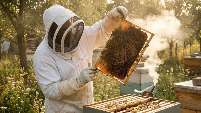 Beekeeper in protective suit inspects a honeycomb frame from a beehive in a sunny apiary with a smoker in the background