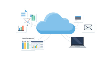 Cloud computing concept with data analytics and laptop connected via network, illustrating digital transformation and online services