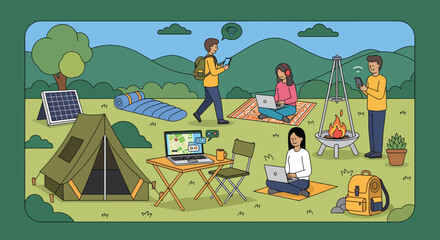 People enjoying outdoor activities, using laptops and smartphones, with camping gear and nature elements in a flat, 2D vector illustration style
