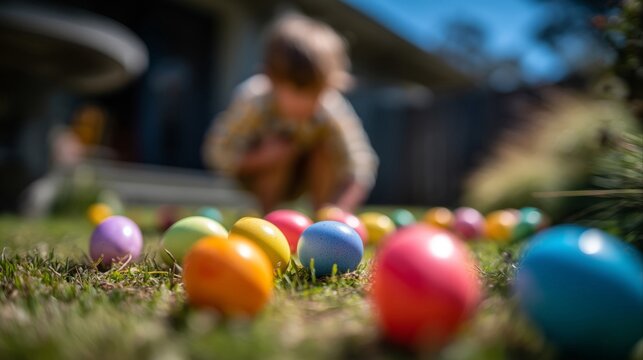 Colorful Easter eggs on green grass with blurred child in background