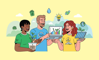 Diverse Team Collaborating on Sustainable Solutions for a Greener Future, Integrating Eco-Friendly Technology and Renewable Energy Initiatives