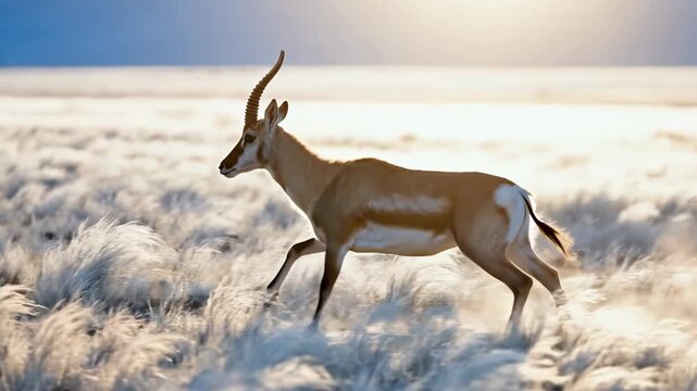 Saiga antelope running across a sunlit grassy field with golden light and soft bokeh background