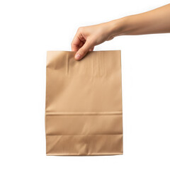 Hand holding a brown paper bag against a white background