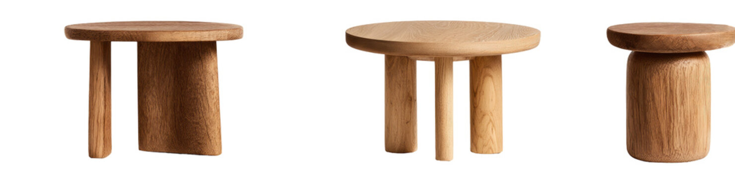Three simple wooden round tables with three legs