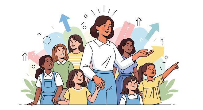 Female teacher guiding diverse group of girls towards future success. Vector education, leadership, and women empowerment illustration with upward arrows