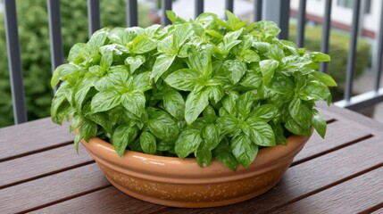 Fototapeta premium Leaves of the basil plant droop heavily, showing signs of extreme wilting. The vibrant green hue fades under the stress of heat, taking a toll on the once lively leaves in a sunny balcony setting