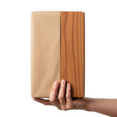 Hands holding a wooden tablet with a sleek design and natural texture