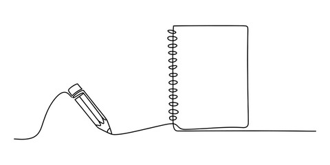 Minimalist single line art illustration of a pencil and a spiral bound notebook. © S Arts & Culture