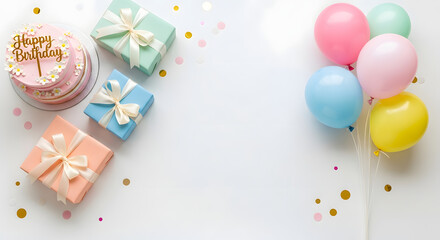 Naklejka premium Celebration scene with cake, gifts, and balloons on a table, viewed from above