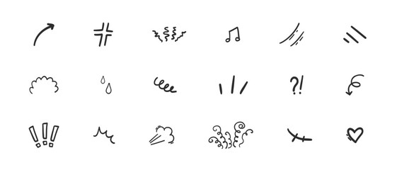 Expressions movement simple doodle hand drawn set. Comic manga effect motion. Expression shapes, anime for character emotion.