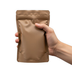 Hand holding a sealed brown plastic bag with unknown contents