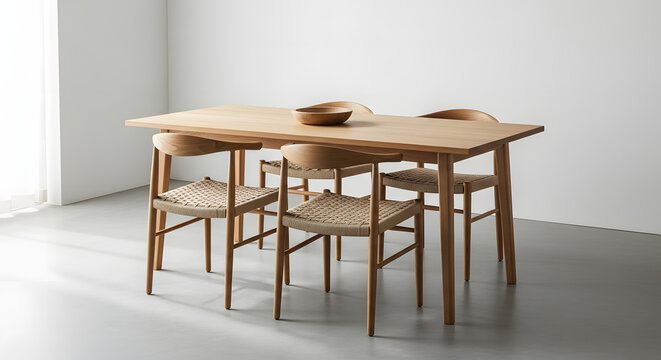 Modern furniture display with wooden table and chairs in a simple interior setting showcasing design for dining areas