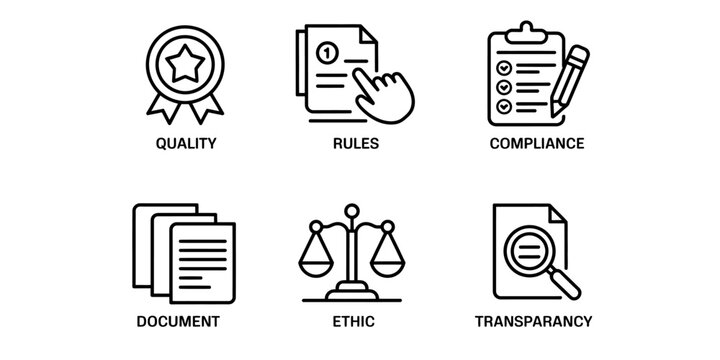 Business compliance and regulation icons set including quality rules and transparency