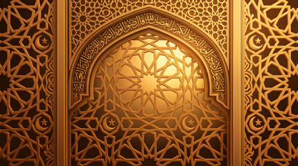 Elegant Golden Islamic Geometric Pattern Background with Arch and Arabic Calligraphy. Ornate Middle Eastern Luxury Design.