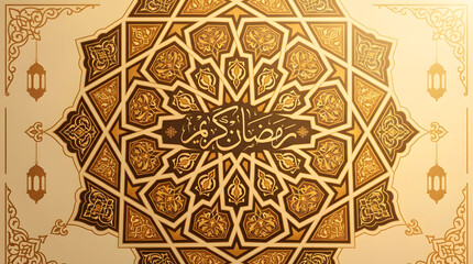 Golden Islamic Geometric Pattern with Ramadan Kareem Calligraphy & Lanterns. Elegant Arabic Art Background for Holy Month Celebration.