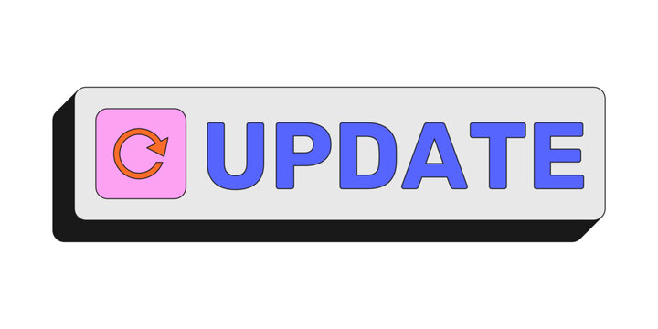 Update rectangular UI web button. Page reload refresh. Sync content. New version. Latest data. Upgrade software. Colorful clickable element. Call to action for social media, streaming. Rubik font used