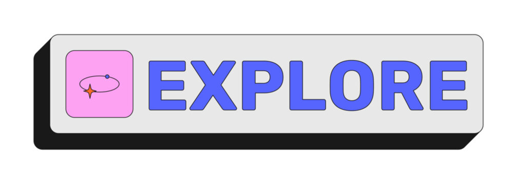 Explore rectangular UI web button. Discovery feature. Browsing functionality. Site exploration. Navigation. Colorful clickable element. Call to action for social media, streaming. Rubik font used