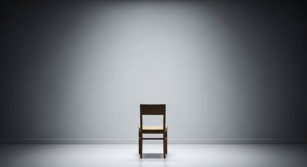 A solitary wooden chair in a dimly lit empty room with a spotlight.