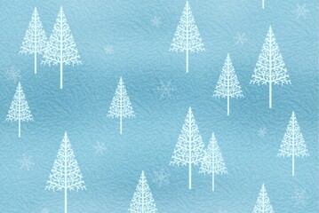 Stylized Winter Wonderland Pattern with White Christmas Trees and Falling Snowflakes on Icy Blue Textured Background