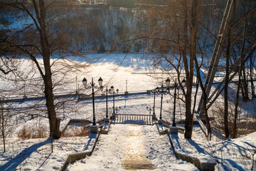 Frozen Winter Park on Cold Sunny Morning