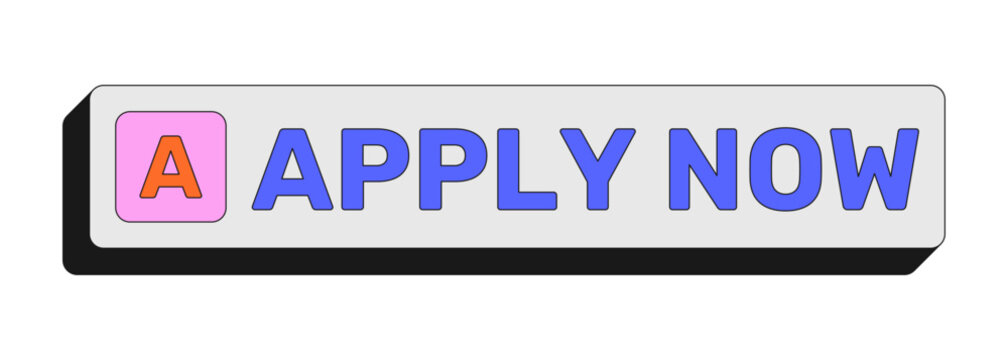 Apply now rectangular UI web button. Application submission. User enrollment subscription. Job portal. Colorful clickable element. Call to action for social media, streaming. Rubik font used