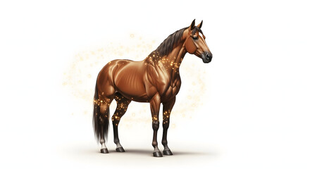 Obraz premium Realistic brown horse standing with golden dust glow effect clean studio background premium equine illustration