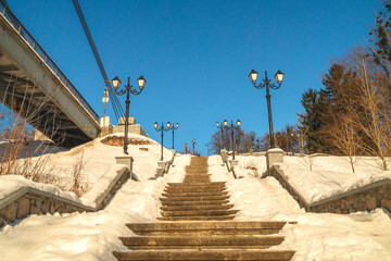 Frozen Winter Park on Cold Sunny Morning