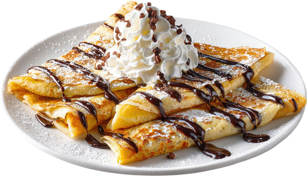Stack of thin, golden crepes topped with whipped cream, chocolate sauce, and cocoa nibs, dusted with powdered sugar